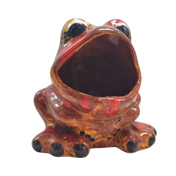 Vtg Ceramic Frog Sponge Holder Hand-painted 1970s Big Mouth Splatter Red Brown - Picture 2 of 15